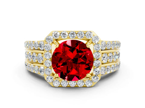 Yellow gold Round Cut Halo Ruby Ring with Split Shank and Four-Prong Setting
