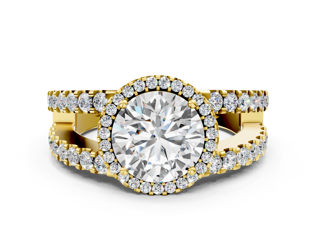 Yellow gold Round Cut Halo Split Shank Diamond Ring with Four-Prong Setting_55