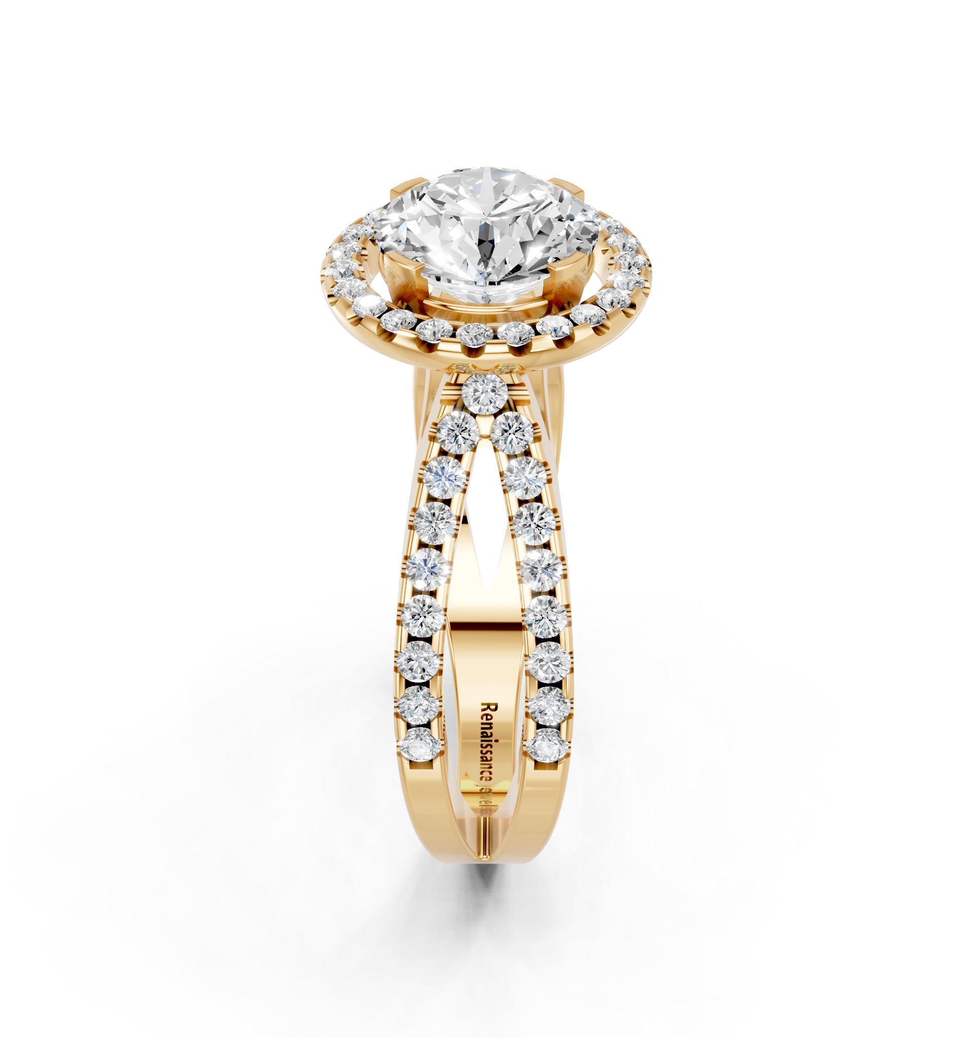 Yellow gold Round Cut Halo Split Shank Pave Set Ring_30