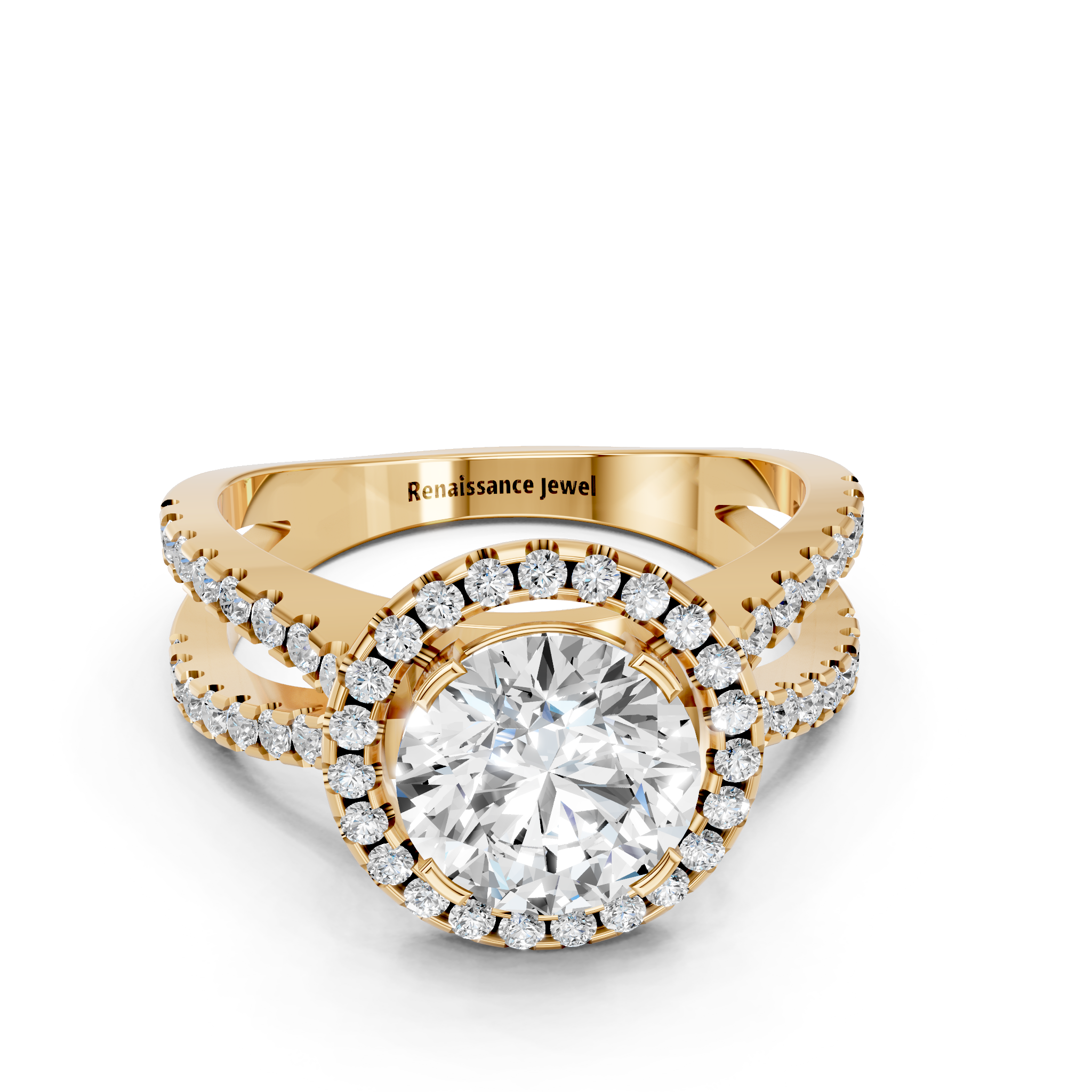 Yellow gold Round Cut Halo Split Shank Pave Set Ring_37