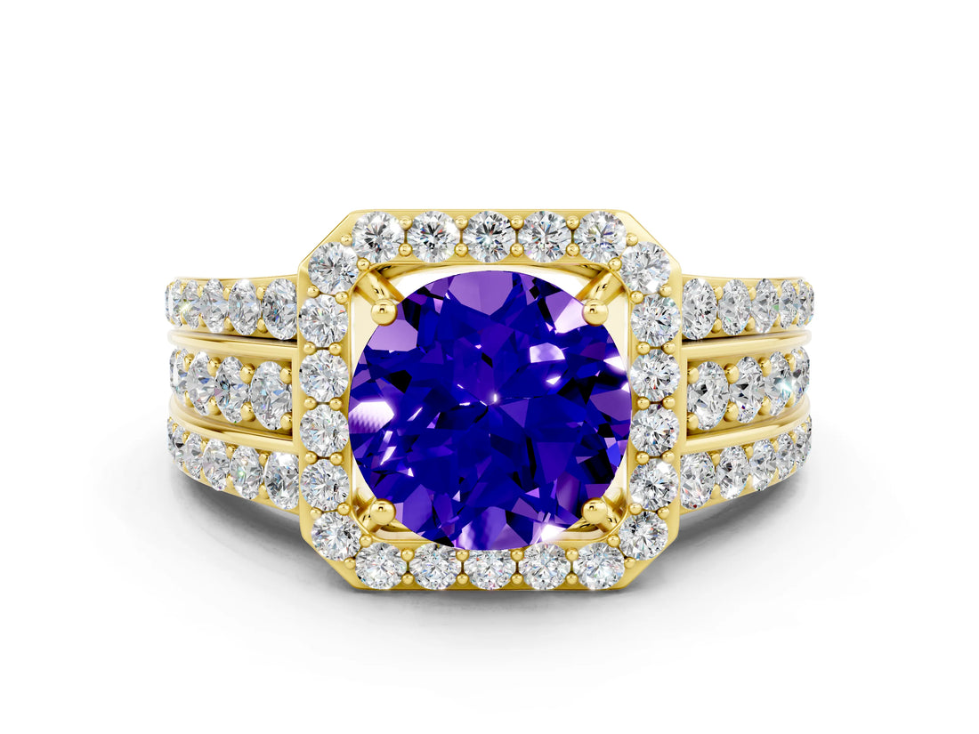 Yellow gold Round Cut Halo Tanzanite Ring with Split Shank and Four-Prong Setting
