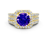Yellow gold Round Cut Halo Tanzanite Ring with Split Shank and Four-Prong Setting