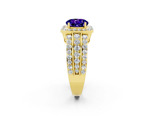 Yellow gold Round Cut Halo Tanzanite Ring with Round  Split Shank and Prong Setting