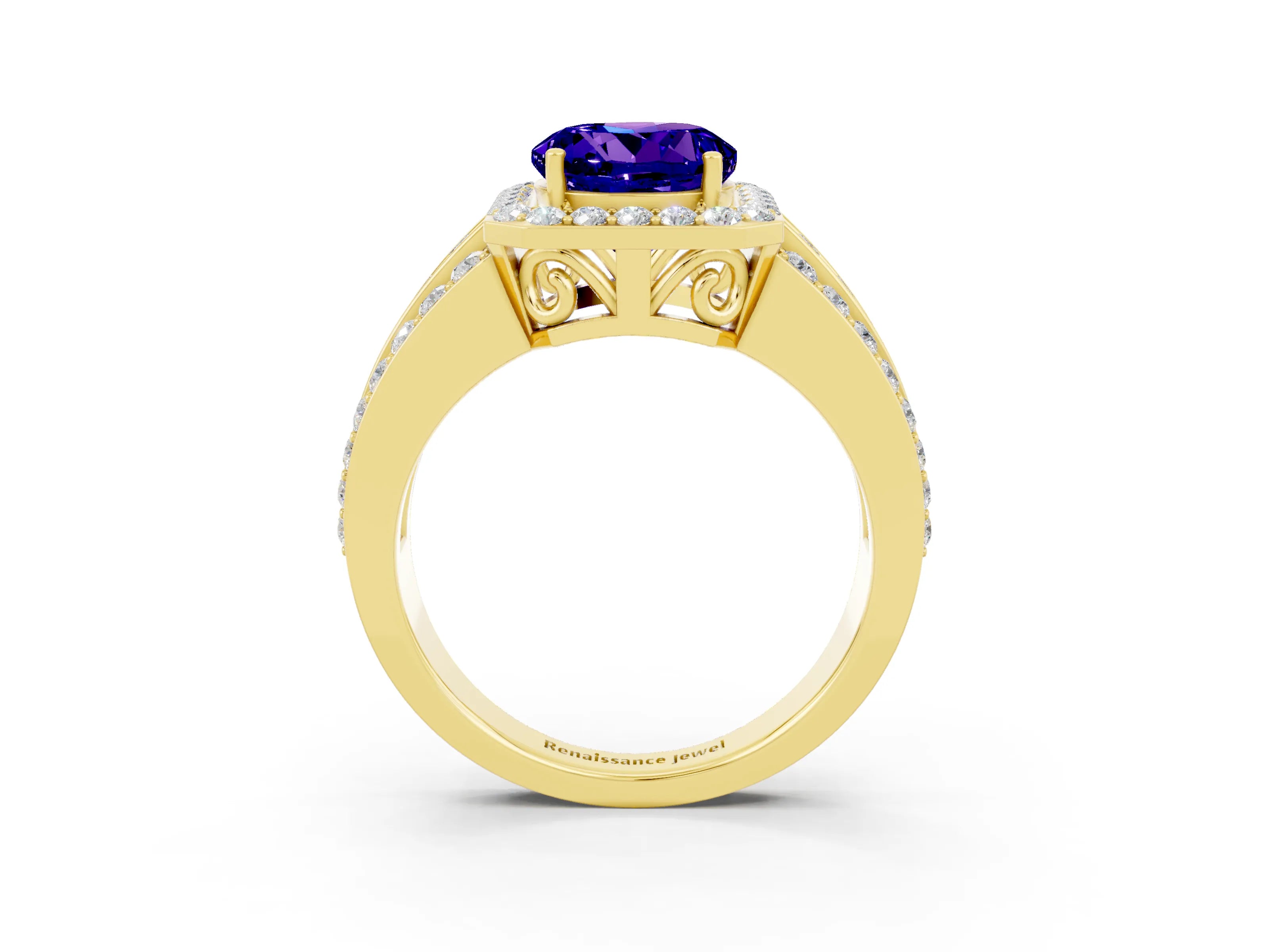 Yellow gold Round Cut Halo Tanzanite Ring with Split Shank and Four-Prong Setting_3