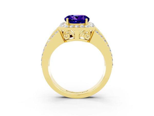 Yellow gold Round Cut Halo Tanzanite Ring with Round  Split Shank and Prong Setting