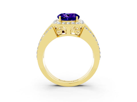 Yellow gold Round Cut Halo Tanzanite Ring with Split Shank and Four-Prong Setting_3
