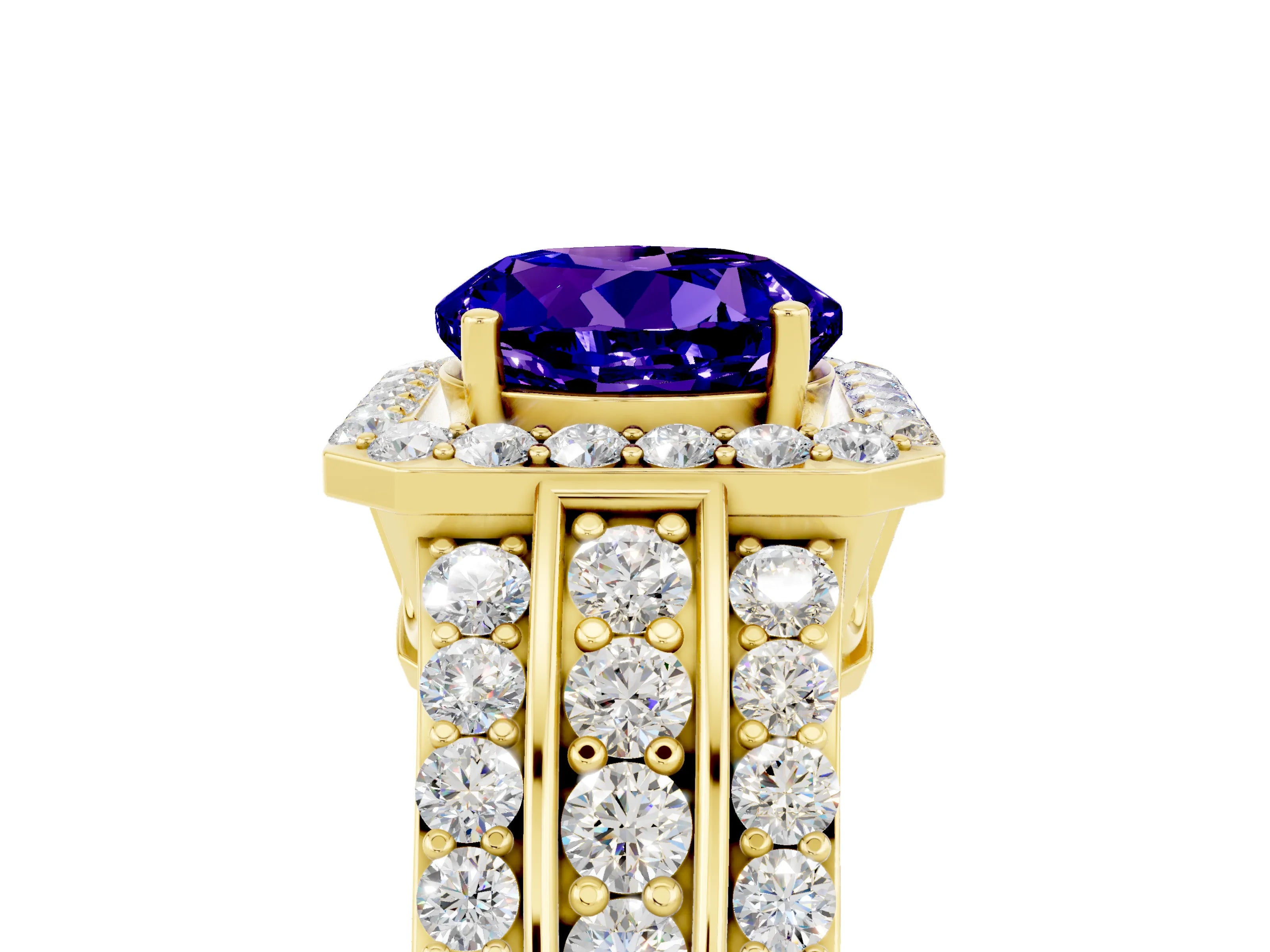 Yellow gold Round Cut Halo Tanzanite Ring with Split Shank and Four-Prong Setting_5