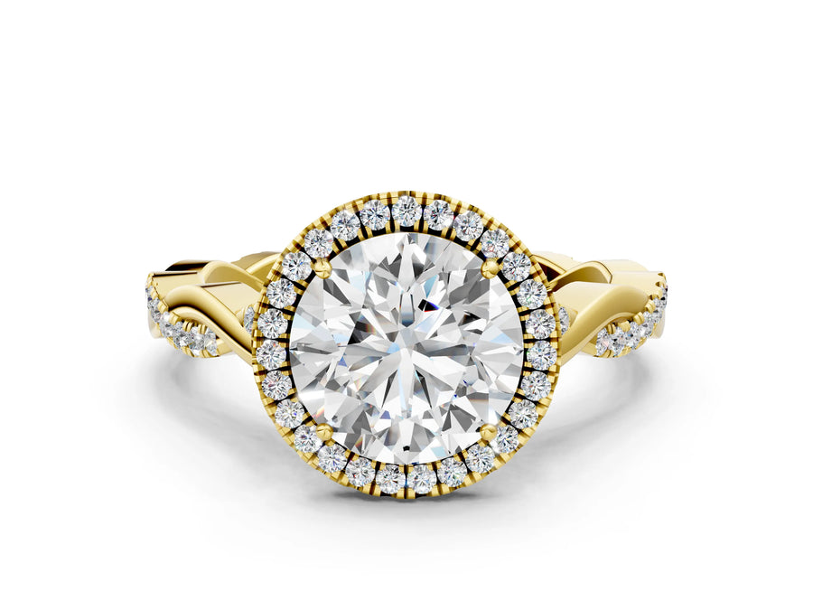 Yellow gold Round Cut Halo Twist Band with Four-Prong Setting