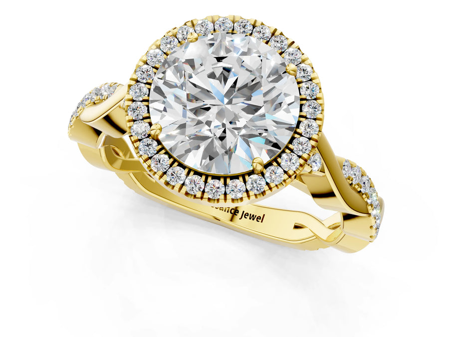 Yellow gold Round Cut Halo Twist Band with Four-Prong Setting
