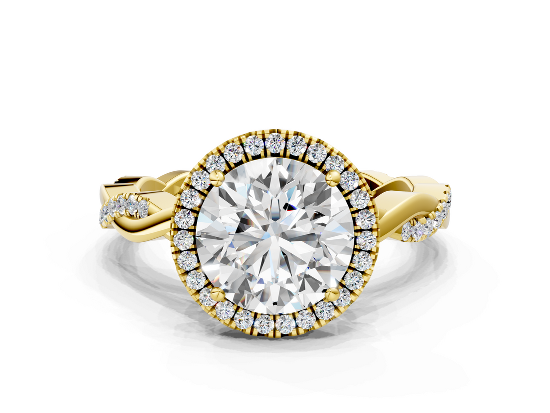Yellow gold Round Cut Halo Twisted Band Four-Prong Ring_29
