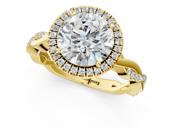 Yellow gold Round Cut Halo Twisted Band Four-Prong Ring