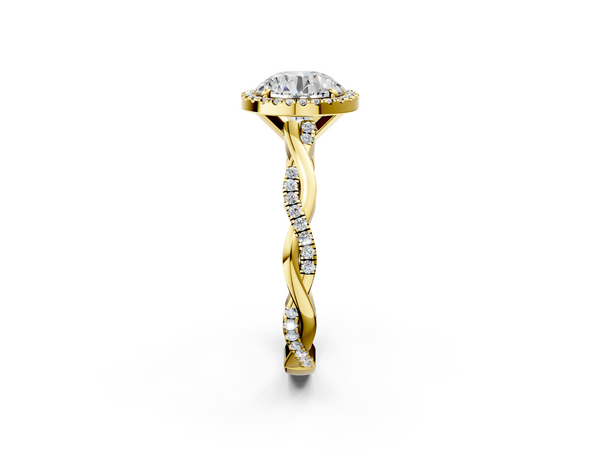 Yellow gold Round Cut Halo Twisted Band Four-Prong Ring