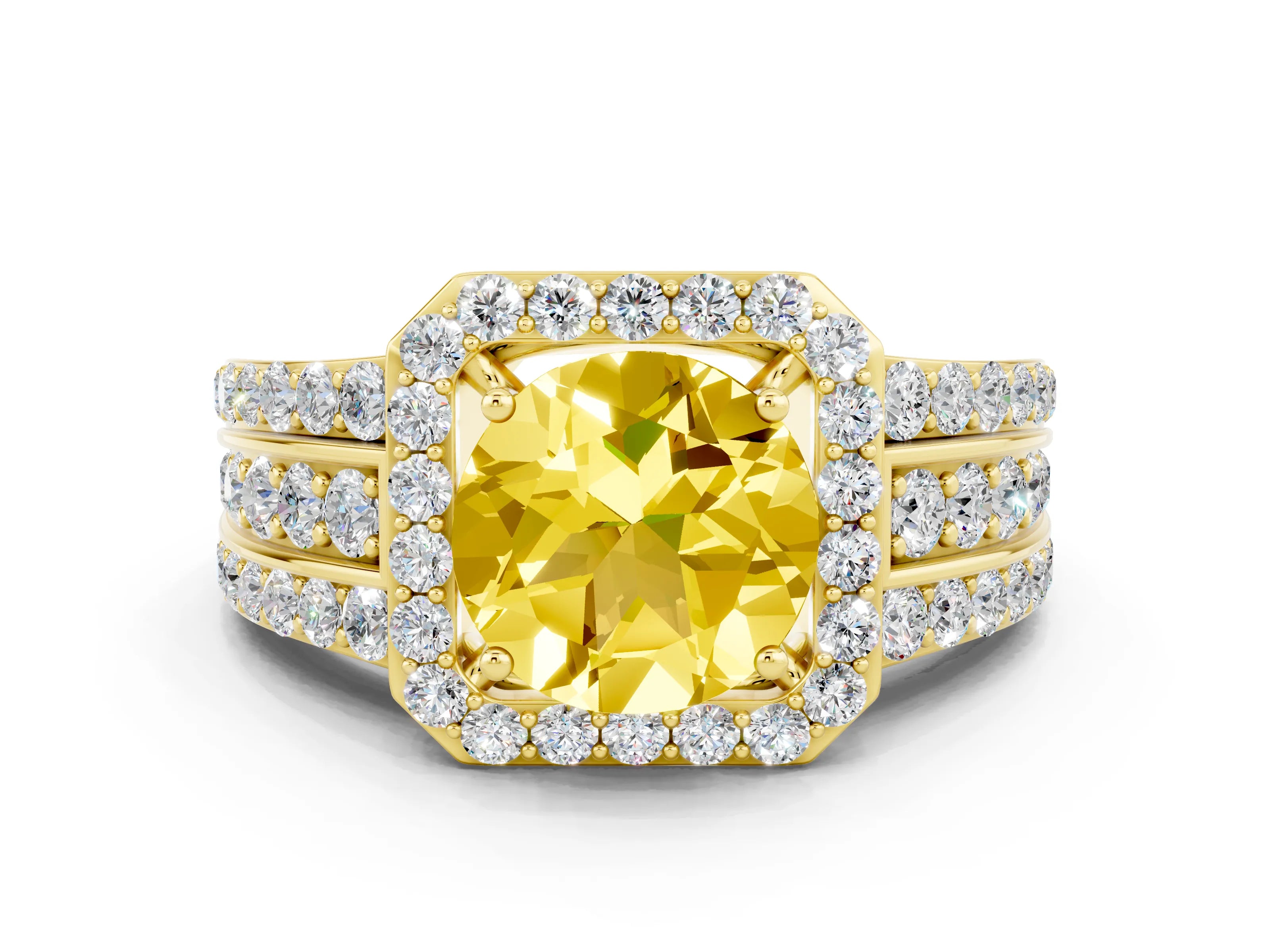 Yellow gold Round Cut Halo Yellow Sapphire Ring with Split Shank and Four-Prong Setting_24