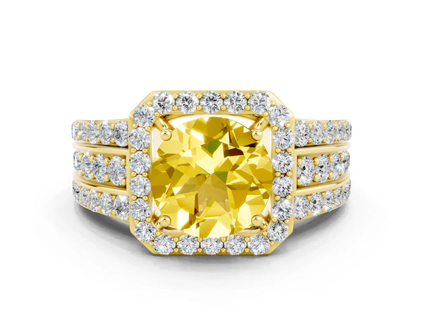 Yellow gold Round Cut Halo Yellow Sapphire Ring with Round  Split Shank and Prong Setting