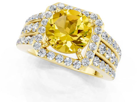 Yellow gold Round Cut Halo Yellow Sapphire Ring with Split Shank and Four-Prong Setting_25