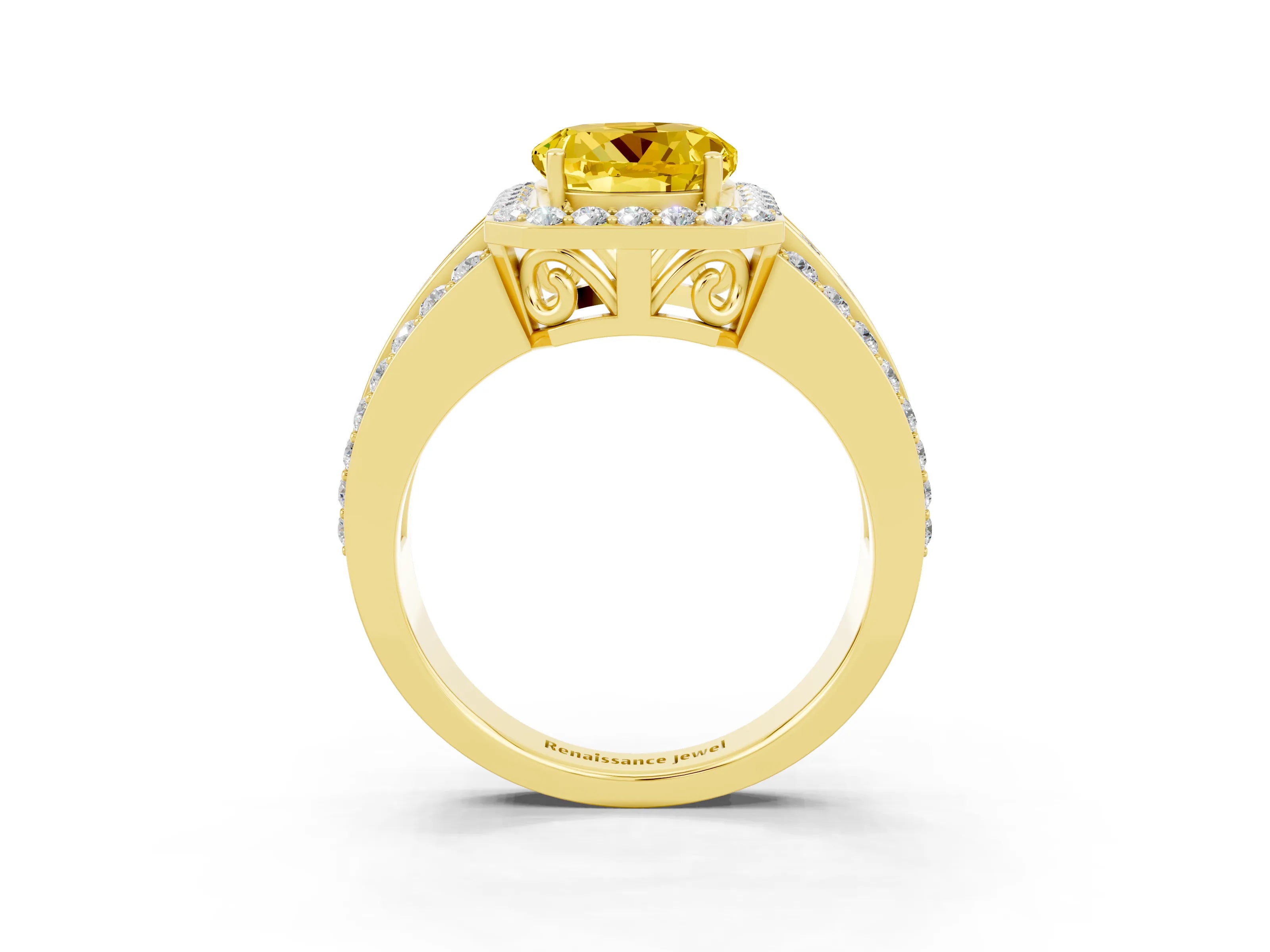 Yellow gold Round Cut Halo Yellow Sapphire Ring with Split Shank and Four-Prong Setting_27