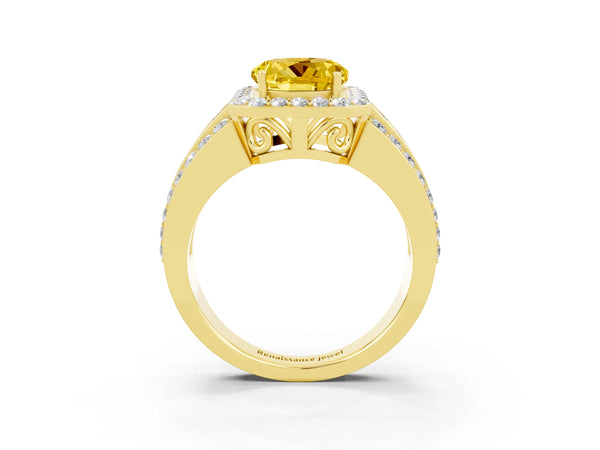 Yellow gold Round Cut Halo Yellow Sapphire Ring with Round  Split Shank and Prong Setting