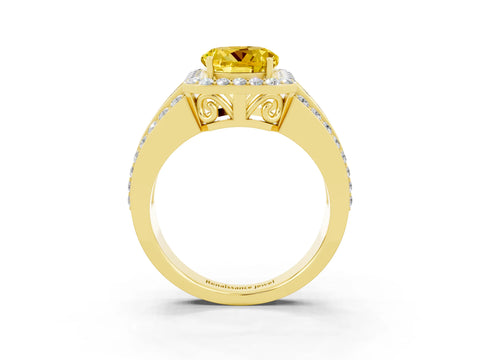 Yellow gold Round Cut Halo Yellow Sapphire Ring with Split Shank and Four-Prong Setting_27