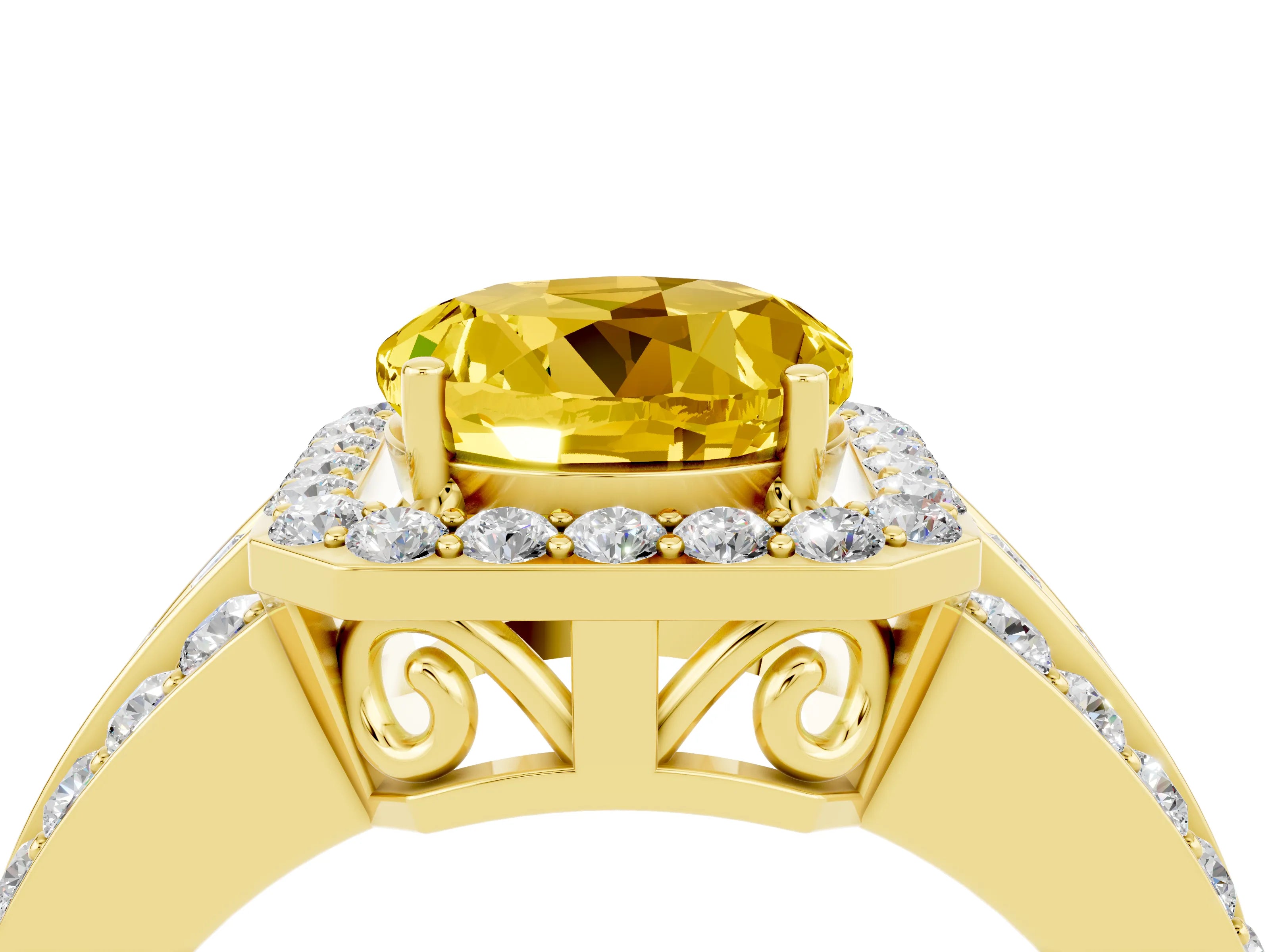 Yellow gold Round Cut Halo Yellow Sapphire Ring with Split Shank and Four-Prong Setting_28
