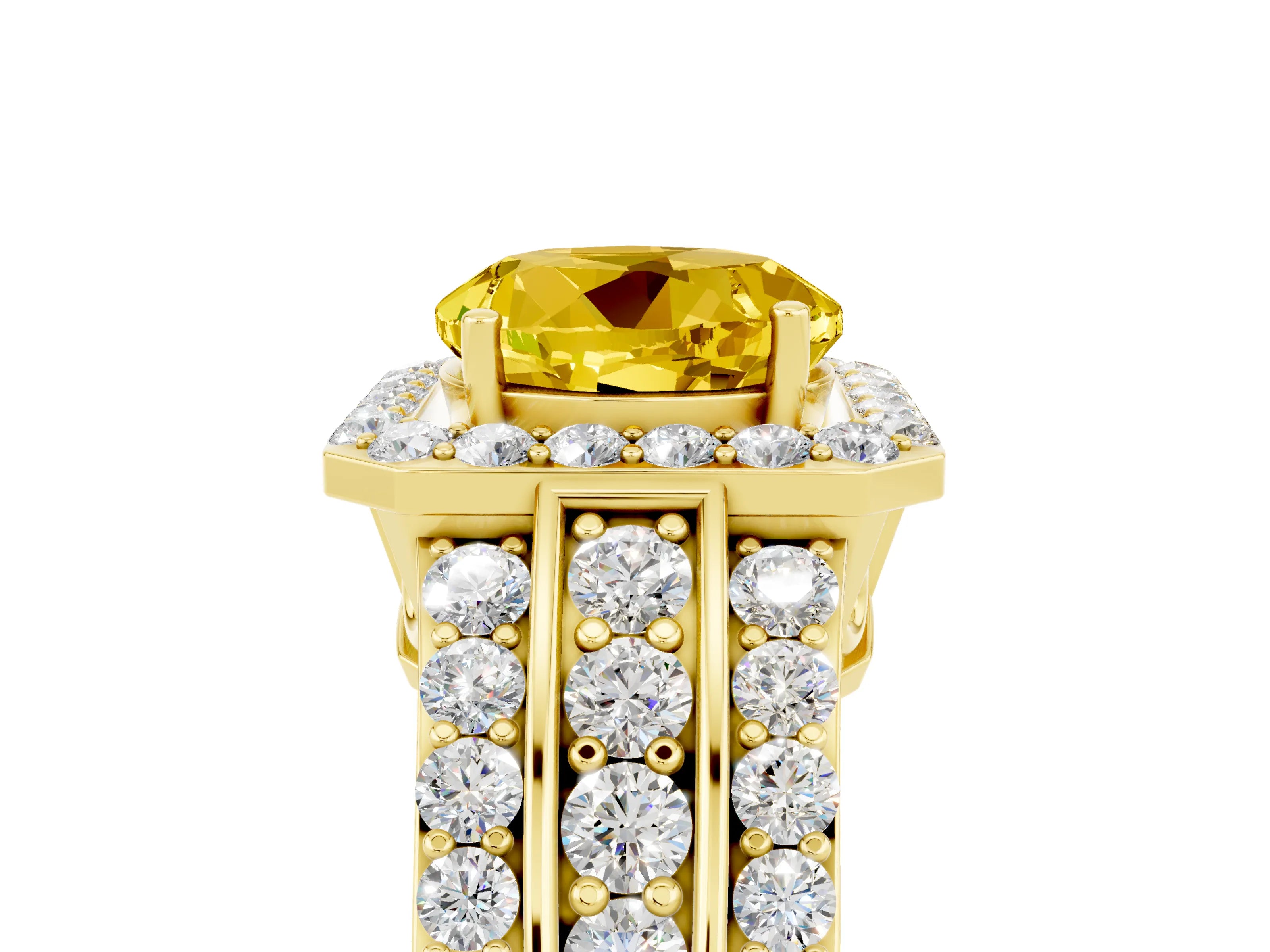 Yellow gold Round Cut Halo Yellow Sapphire Ring with Split Shank and Four-Prong Setting_29
