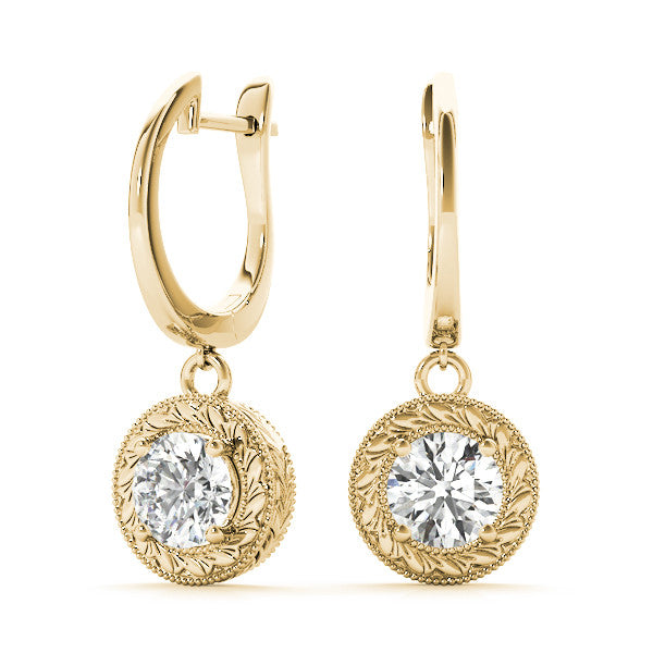 Yellow gold Round Cut Milgrain Bezel Set Leverback Earrings 4