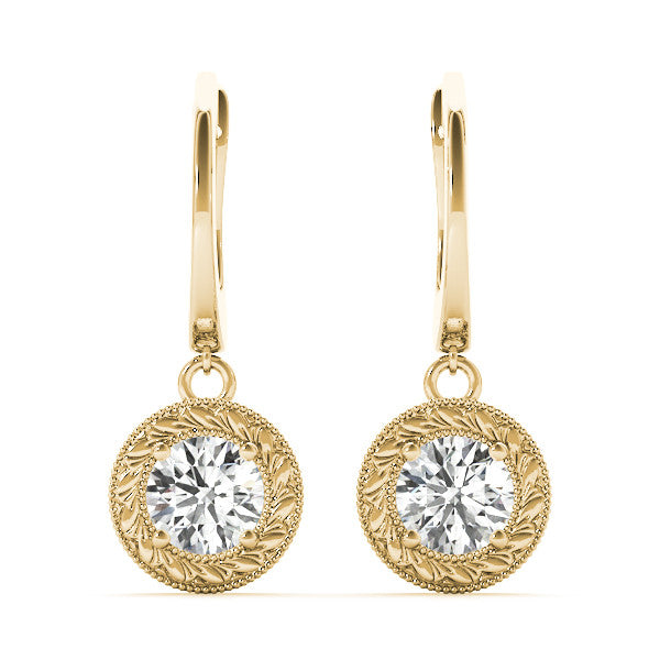 Yellow gold Round Cut Milgrain Bezel Set Leverback Earrings