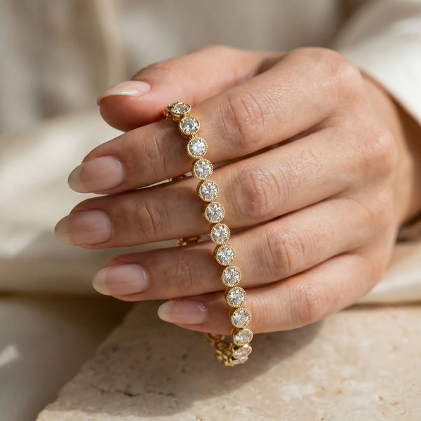 Yellow gold Round Cut Milgrain Bezel Set Tennis Bracelet
