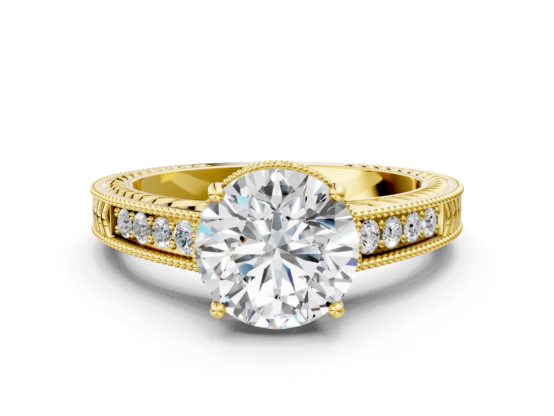 Yellow gold Round Cut Milgrain Channel Set Engagement Ring with Solitaire Prong Setting_60