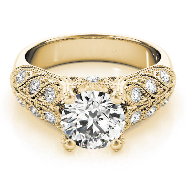 Yellow gold Fancy Yellow Round Cut Cut Milgrain Pave Diamond Engagement Ring with Four-Prong Setting