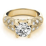 Yellow gold Fancy Blue Round Cut Cut Milgrain Pave Diamond Engagement Ring with Four-Prong Setting