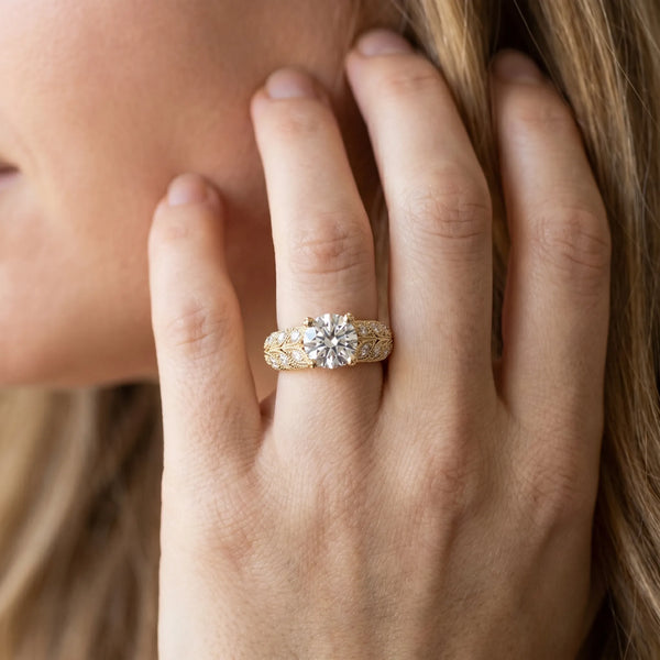 Yellow gold Round Cut Milgrain Pave Diamond Engagement Ring with Four-Prong Setting