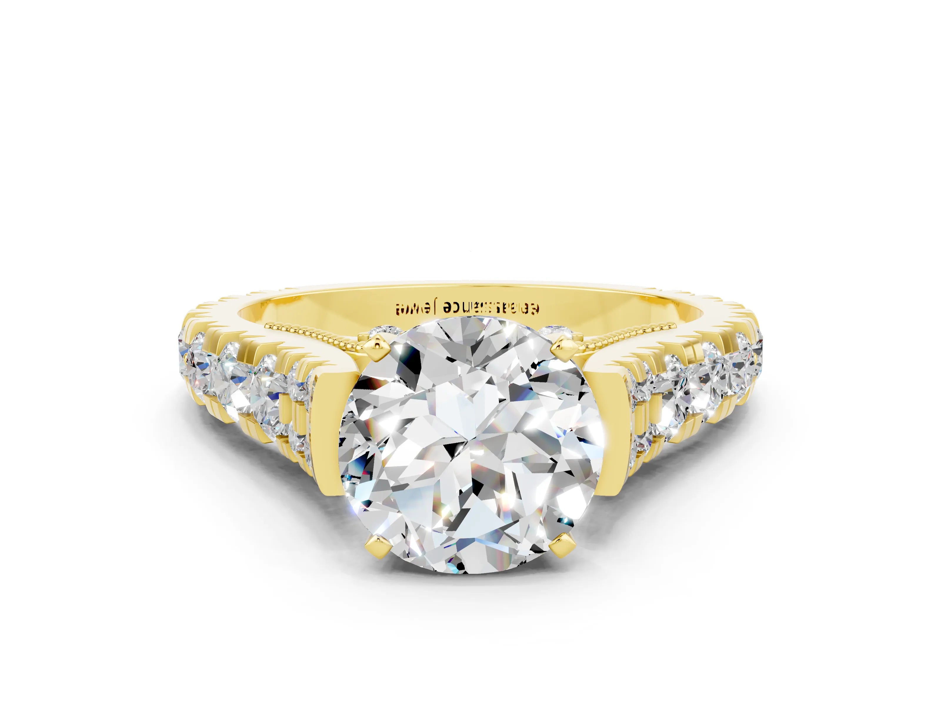Yellow gold Round Cut Moissanite Classic Solitaire Ring with Pavé Band and Four-Prong Setting