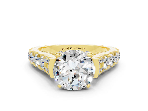 Yellow gold Round Cut Moissanite Classic Solitaire Ring with Pavé Band and Four-Prong Setting