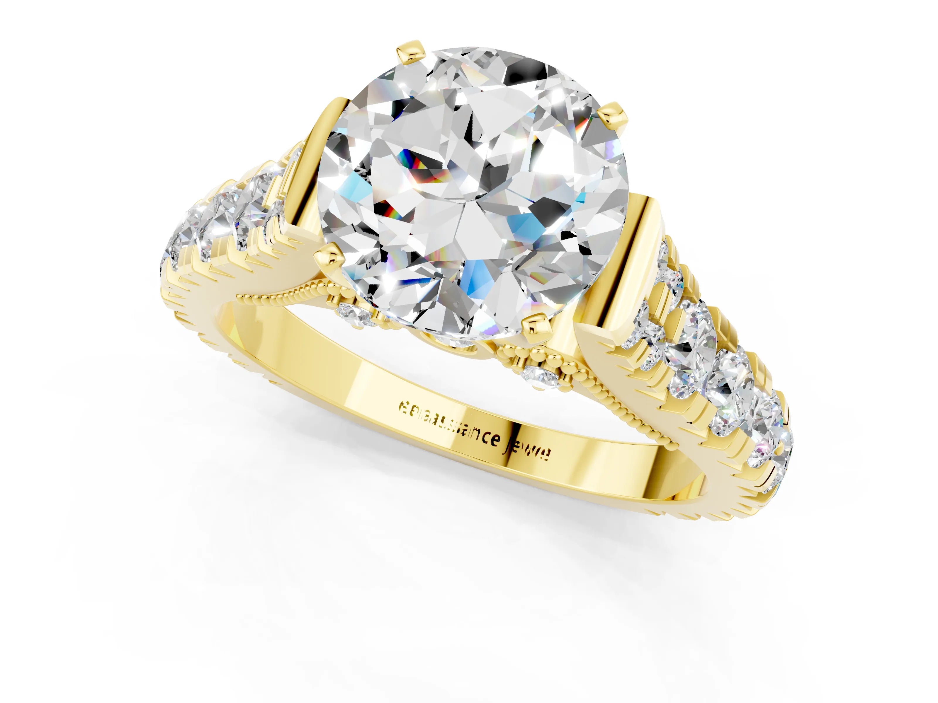 Yellow gold Round Cut Moissanite Classic Solitaire Ring with Pavé Band and Four-Prong Setting_1