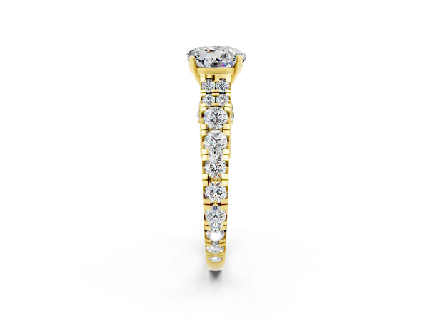 Yellow gold Round Cut Moissanite Classic Solitaire Ring with Pavé Band and Four-Prong Setting