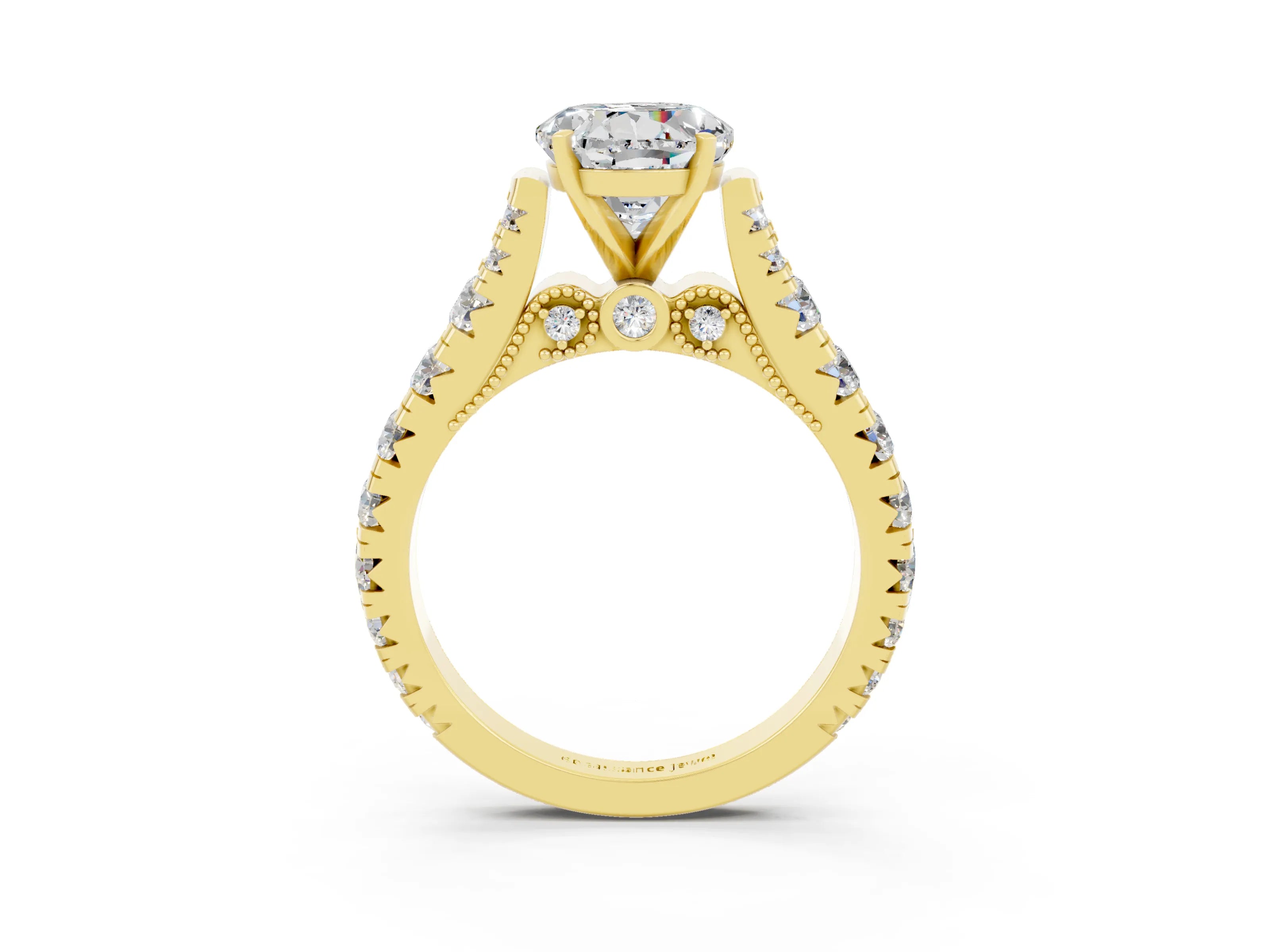 Yellow gold Round Cut Moissanite Classic Solitaire Ring with Pavé Band and Four-Prong Setting_3