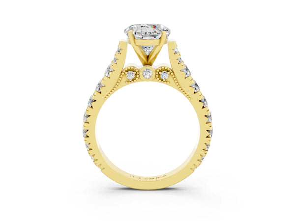 Yellow gold Round Cut Moissanite Classic Solitaire Ring with Pavé Band and Four-Prong Setting