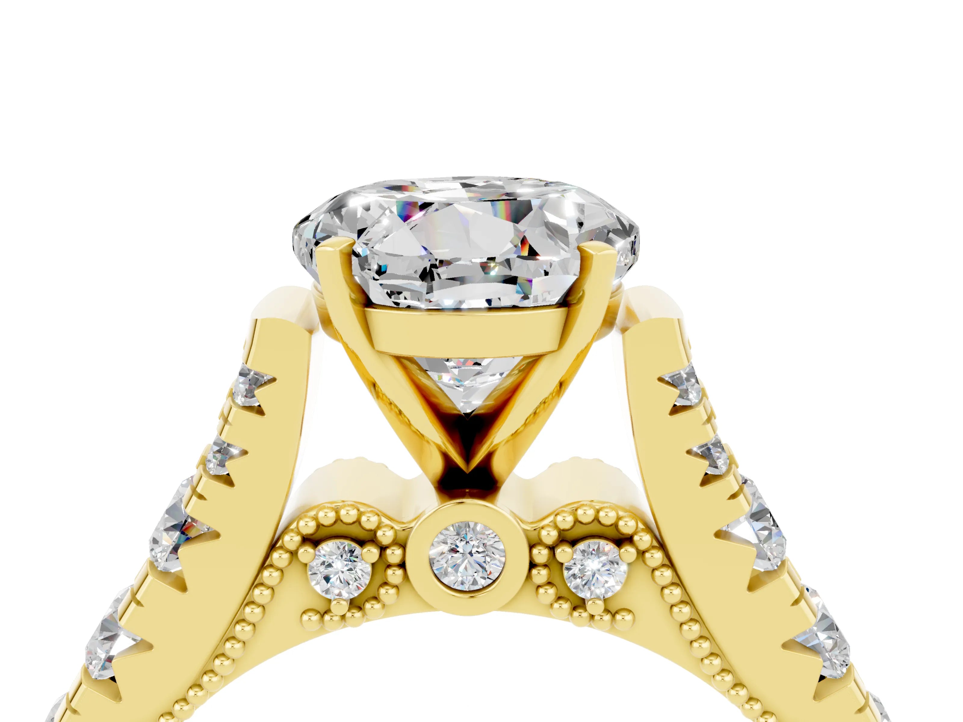 Yellow gold Round Cut Moissanite Classic Solitaire Ring with Pavé Band and Four-Prong Setting_4