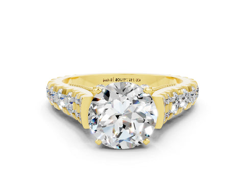 Yellow gold Round Cut Moissanite Classic Solitaire Ring with Pavé Band and Four-Prong Setting