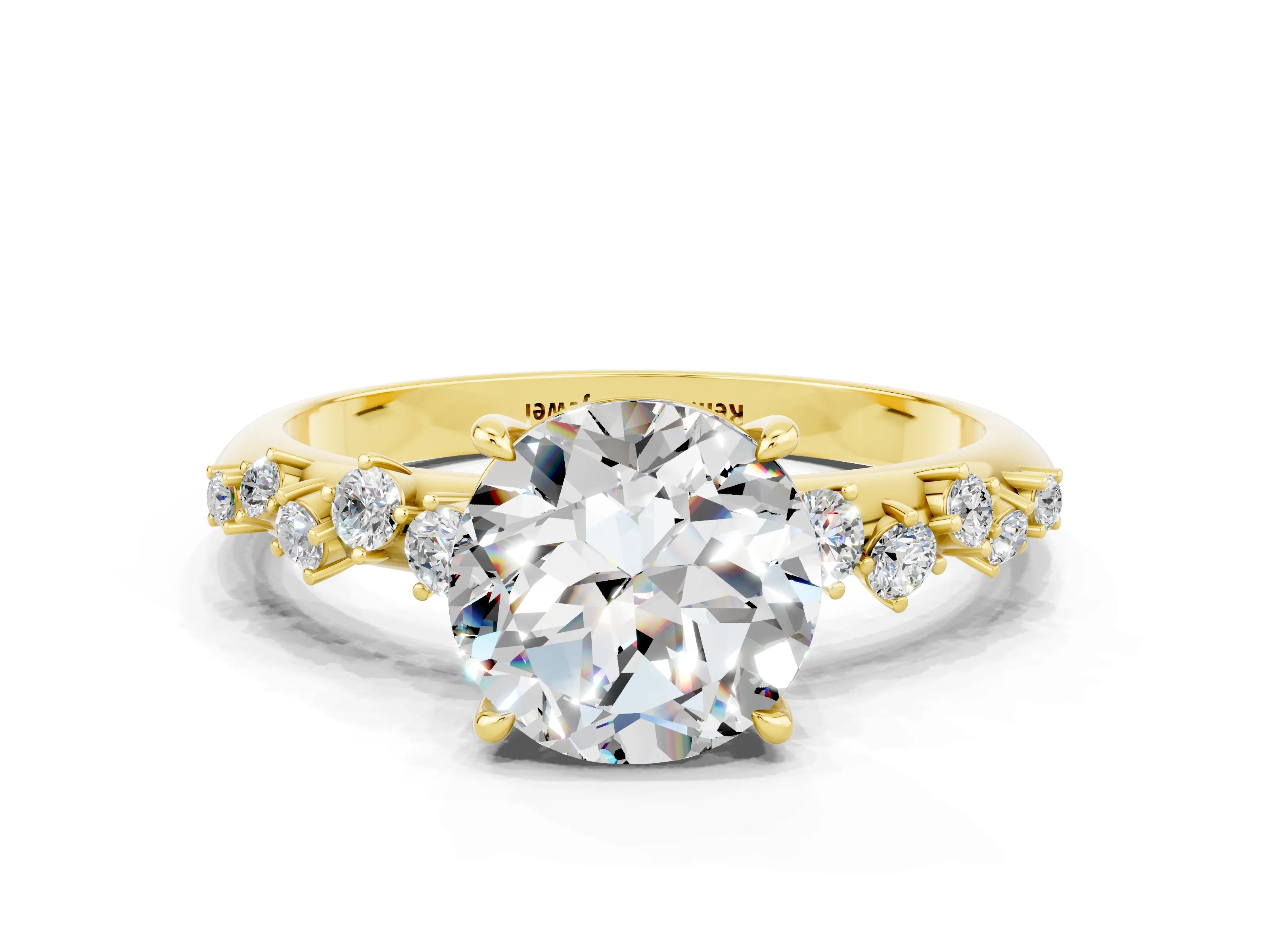 Yellow gold Round Cut Moissanite Cluster Side Stone Solitaire Ring with Prong Setting_24