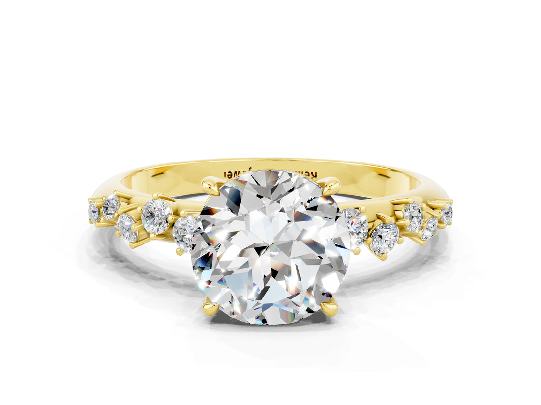 Yellow gold Round Cut Moissanite Cluster Side Stone Solitaire Ring with Prong Setting_24