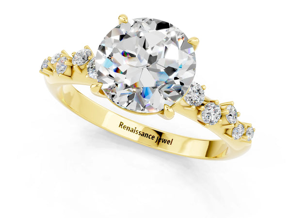 Yellow gold Round Cut Moissanite Cluster Side Stone Solitaire Ring with Prong Setting