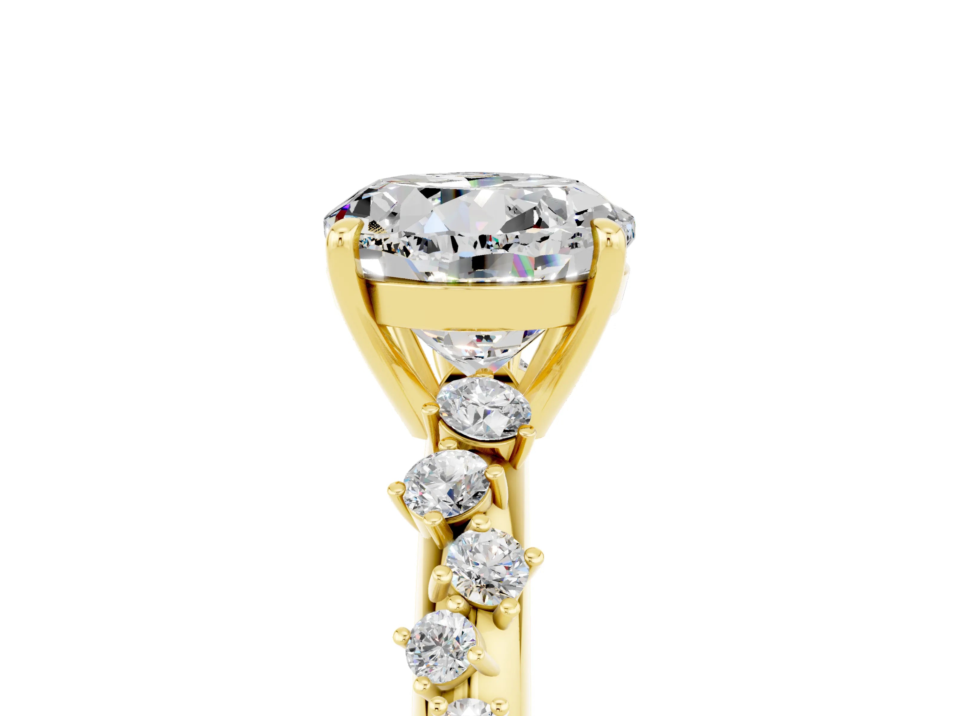 Yellow gold Round Cut Moissanite Cluster Side Stone Solitaire Ring with Prong Setting_29