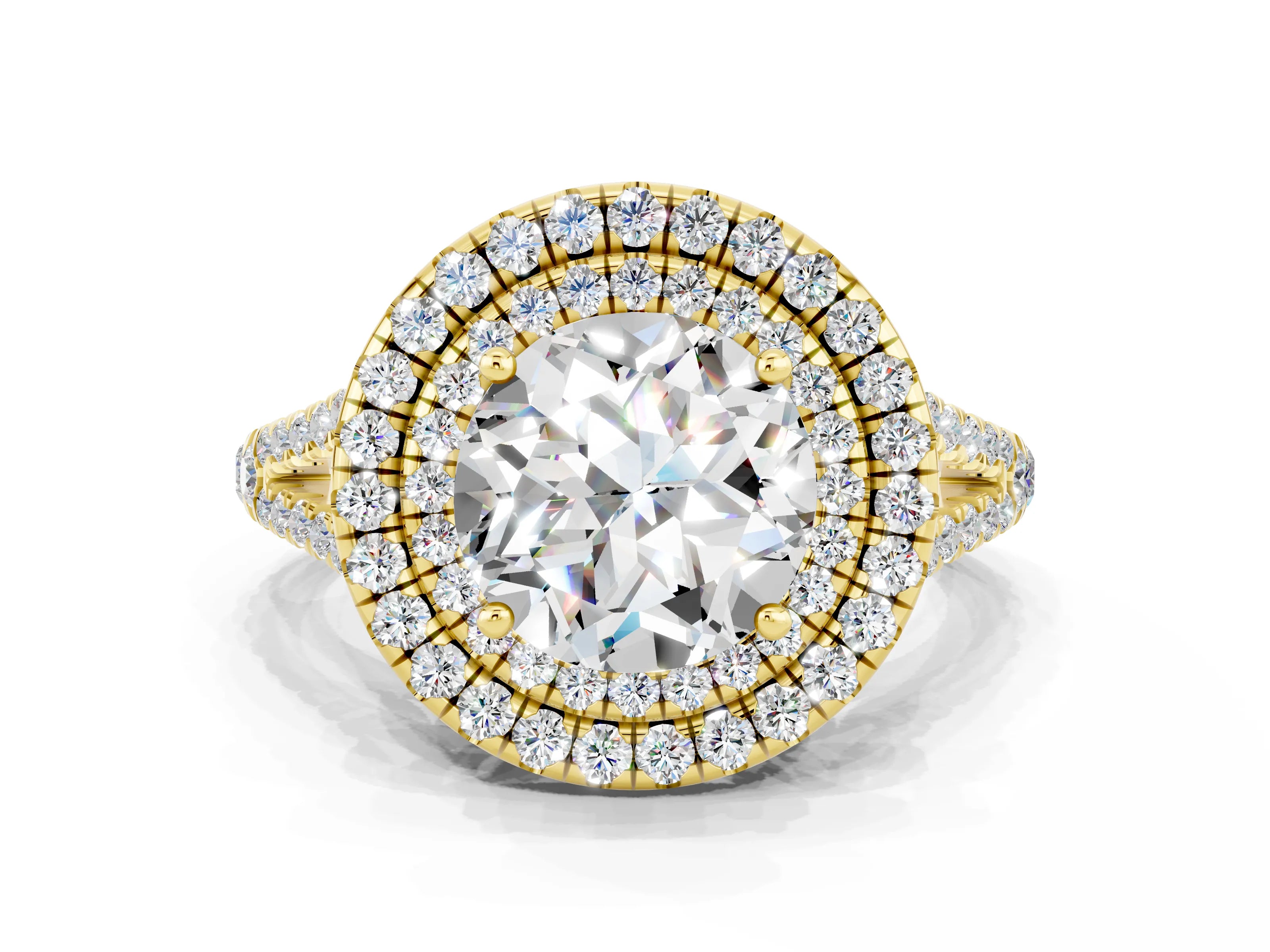 Yellow gold Round Cut Moissanite Double Halo Ring with Pavé Band and Prong Setting_12