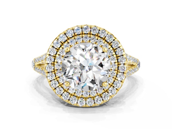 Yellow gold Round Cut Moissanite Double Halo Ring with Pavé Band and Prong Setting
