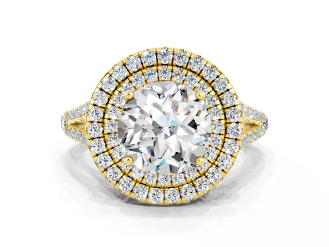 Yellow gold Round Cut Moissanite Double Halo Ring with Pavé Band and Prong Setting_12