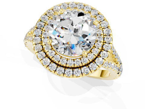 Yellow gold Round Cut Moissanite Double Halo Ring with Pavé Band and Prong Setting_13