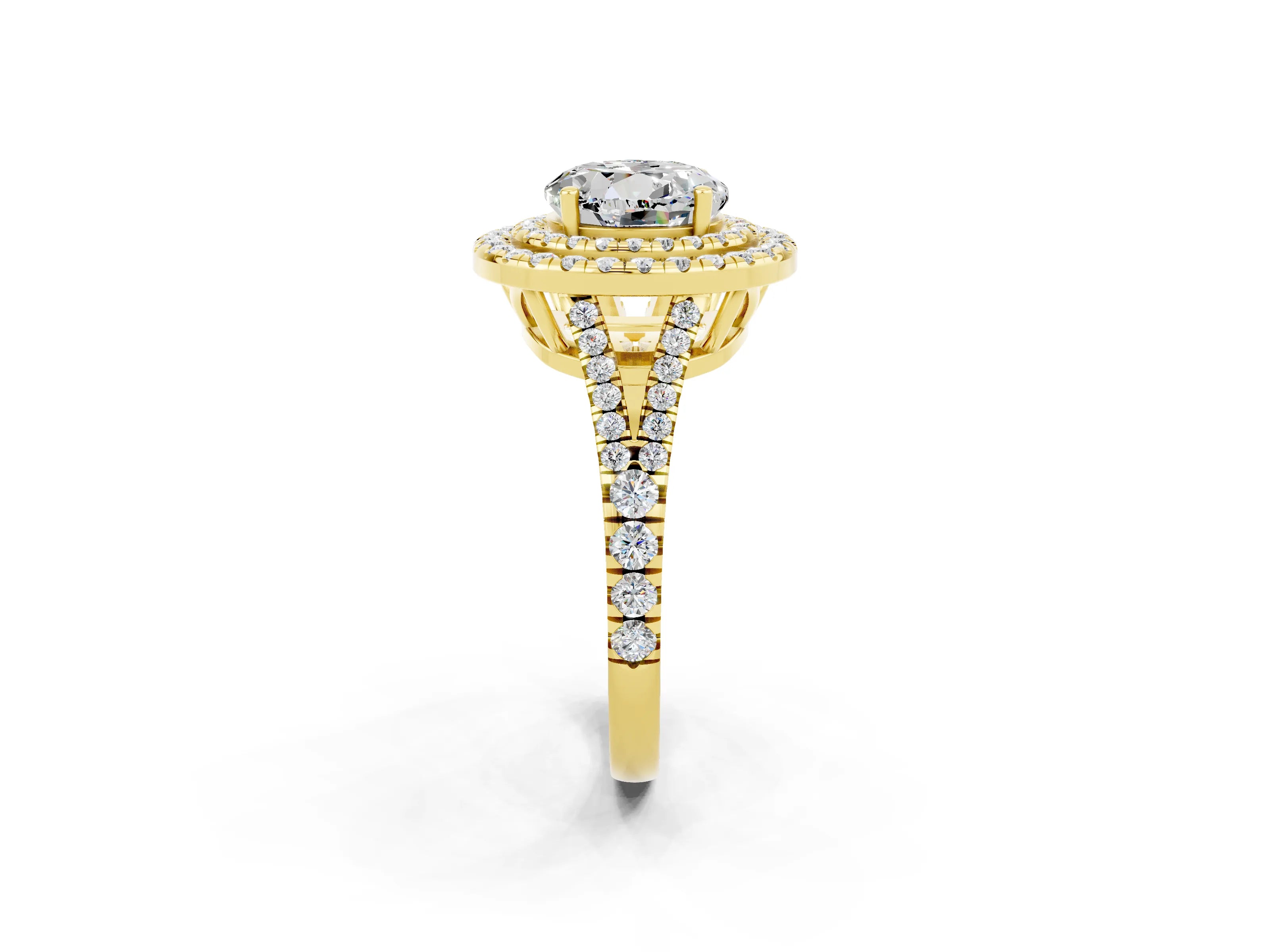 Yellow gold Round Cut Moissanite Double Halo Ring with Pavé Band and Prong Setting_14