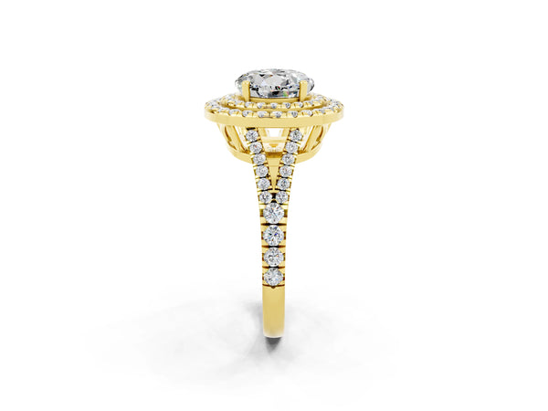 Yellow gold Round Cut Moissanite Double Halo Ring with Pavé Band and Prong Setting