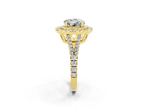 Yellow gold Round Cut Moissanite Double Halo Ring with Pavé Band and Prong Setting_14